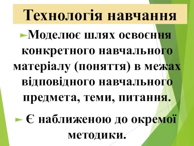 Технологія навчання Моделює шлях освоєння конкретного навчального матеріалу (поняття) в