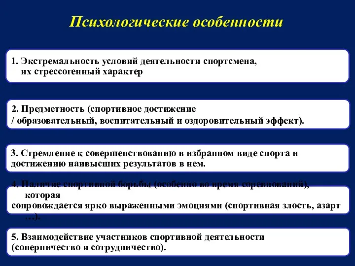 Психологические особенности 1. Экстремальность условий деятельности спортсмена, их стрессогенный характер