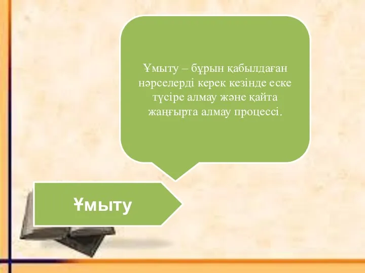 Ұмыту Ұмыту – бұрын қабылдаған нәрселерді керек кезінде еске түсіре алмау және қайта жаңғырта алмау процессі.