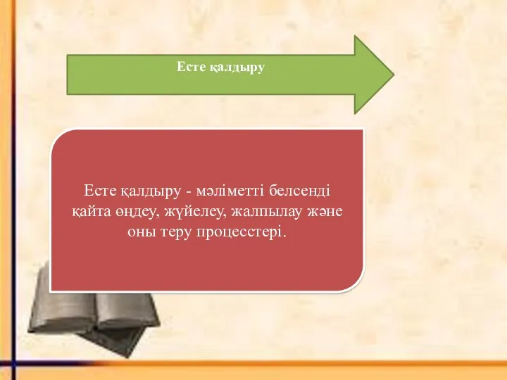 Есте қалдыру Есте қалдыру - мәліметті белсенді қайта өңдеу, жүйелеу, жалпылау және оны теру процесстері.