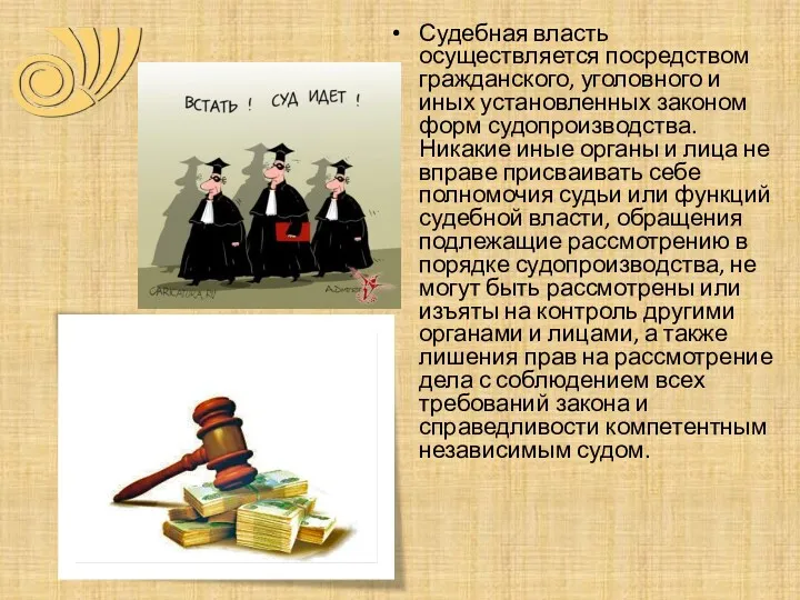 Судебная власть осуществляется посредством гражданского, уголовного и иных установленных законом форм судопроизводства. Никакие