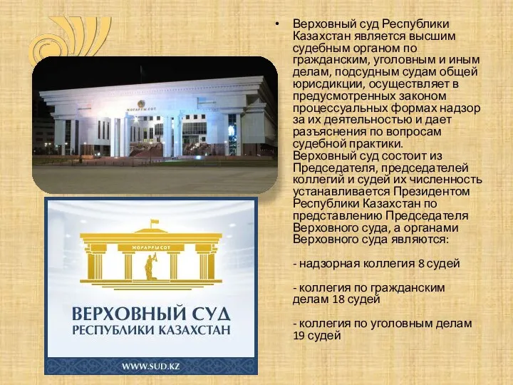 Верховный суд Республики Казахстан является высшим судебным органом по гражданским,