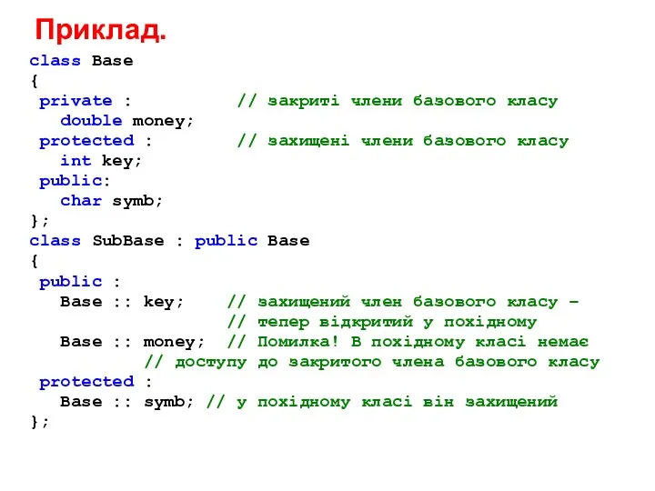 Приклад. class Base { private : // закриті члени базового
