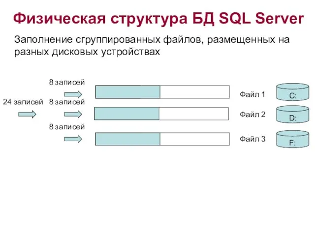 Физическая структура БД SQL Server Заполнение сгруппированных файлов, размещенных на