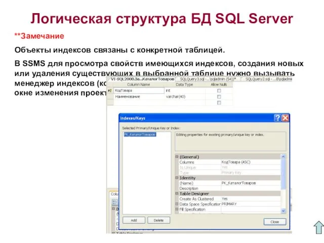 Логическая структура БД SQL Server **Замечание Объекты индексов связаны с