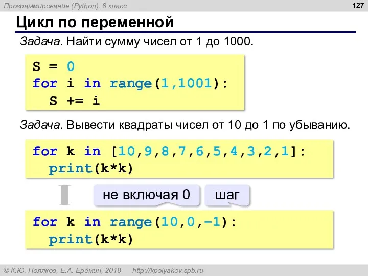 Цикл по переменной Задача. Найти сумму чисел от 1 до