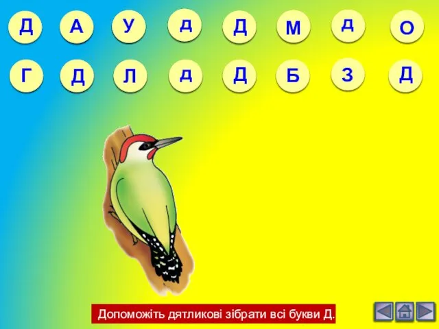 Допоможіть дятликові зібрати всі букви Д.