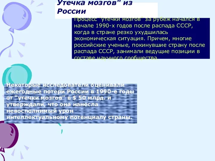 Утечка мозгов" из России Процесс "утечки мозгов" за рубеж начался