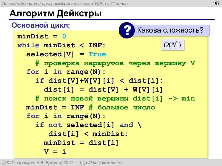 Алгоритм Дейкстры minDist = 0 while minDist selected[V] = True