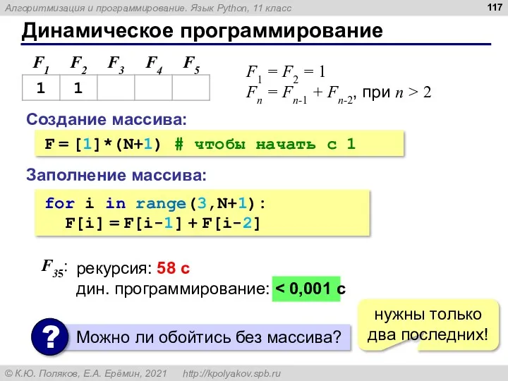 Динамическое программирование Создание массива: F = [1]*(N+1) # чтобы начать