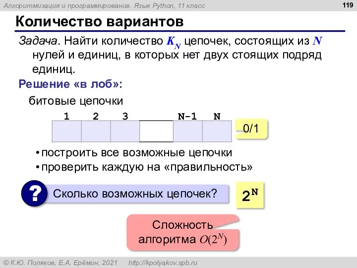 Количество вариантов Задача. Найти количество KN цепочек, состоящих из N