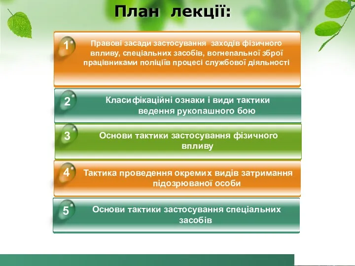 План лекції: Правові засади застосування заходів фізичного впливу, спеціальних засобів, вогнепальної зброї працівниками