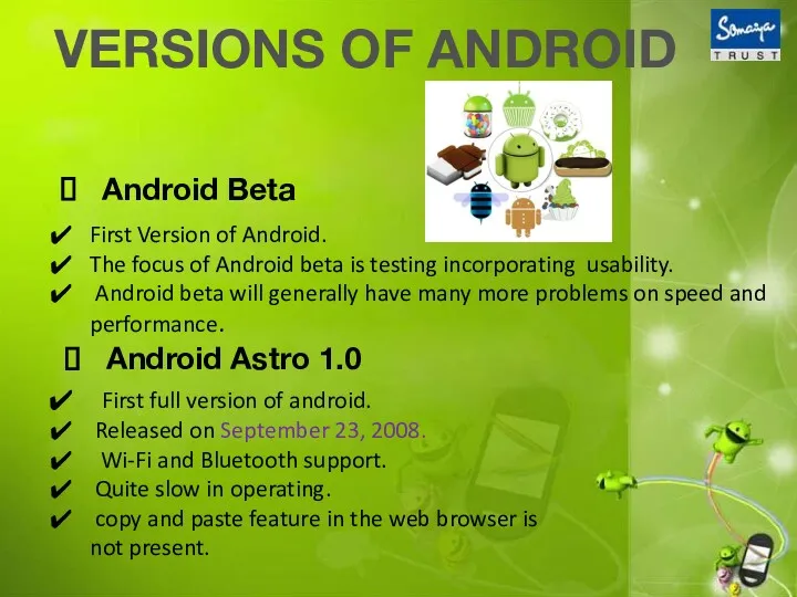 VERSIONS OF ANDROID Android Beta First Version of Android. The