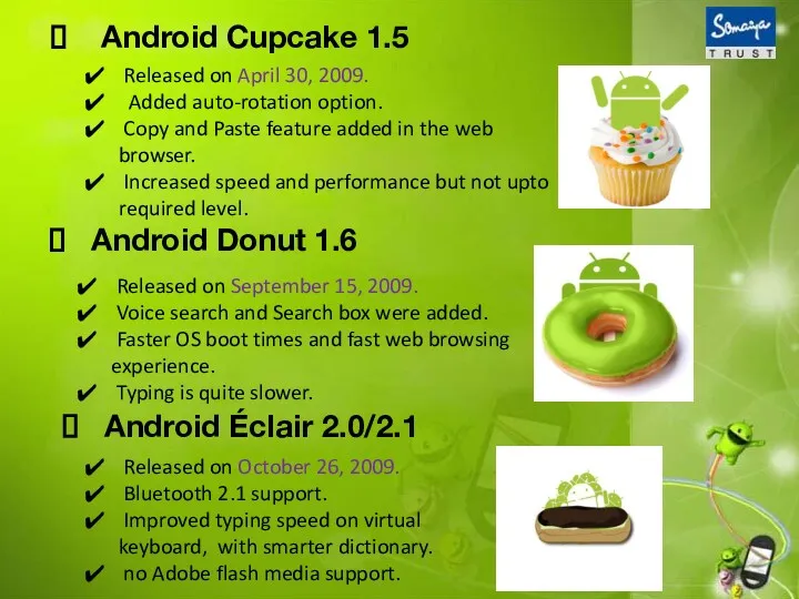 Android Cupcake 1.5 Released on April 30, 2009. Added auto-rotation