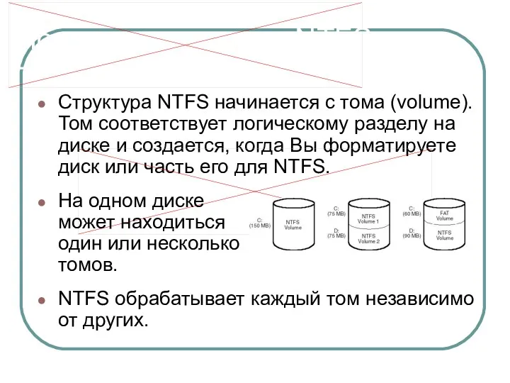 Понятия и термины NTFS Структура NTFS начинается с тома (volume). Том соответствует логическому