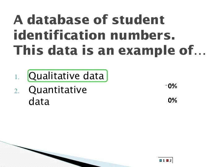 A database of student identification numbers. This data is an example of… Qualitative data Quantitative data