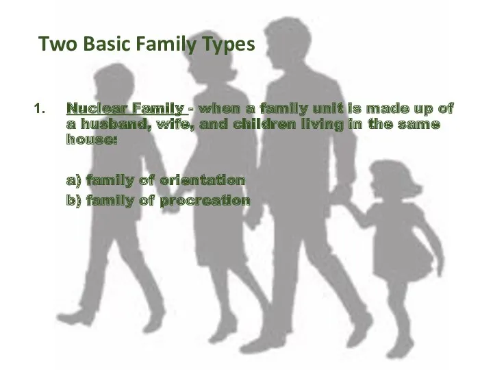 Two Basic Family Types Nuclear Family - when a family unit is made