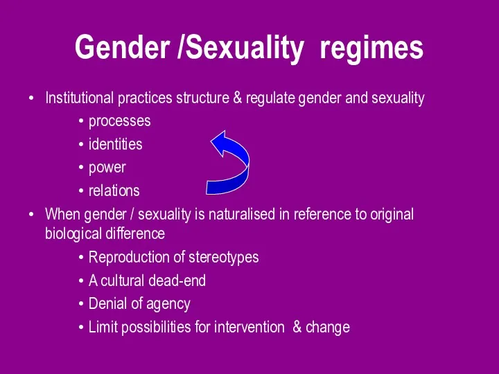 Gender /Sexuality regimes Institutional practices structure & regulate gender and