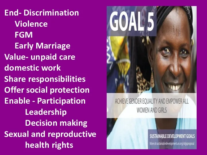 End- Discrimination Violence FGM Early Marriage Value- unpaid care domestic