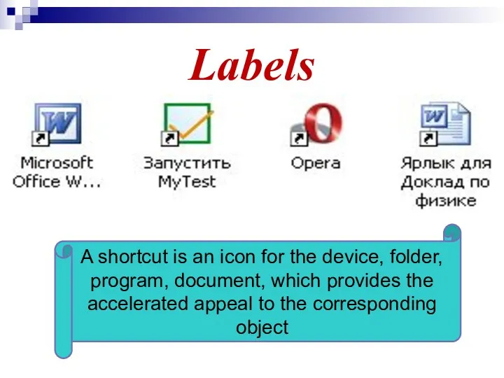 Labels A shortcut is an icon for the device, folder,