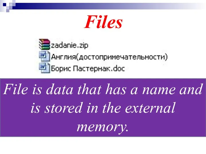 Files File is data that has a name and is stored in the external memory.