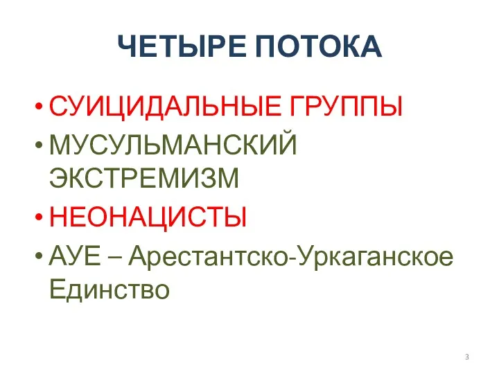 ЧЕТЫРЕ ПОТОКА СУИЦИДАЛЬНЫЕ ГРУППЫ МУСУЛЬМАНСКИЙ ЭКСТРЕМИЗМ НЕОНАЦИСТЫ АУЕ – Арестантско-Уркаганское Единство