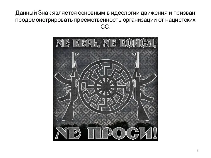 Данный Знак является основным в идеологии движения и призван продемонстрировать преемственность организации от нацистских СС.