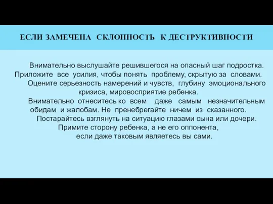 ЕСЛИ ЗАМЕЧЕНА СКЛОННОСТЬ К ДЕСТРУКТИВНОСТИ Внимательно выслушайте решившегося на опасный