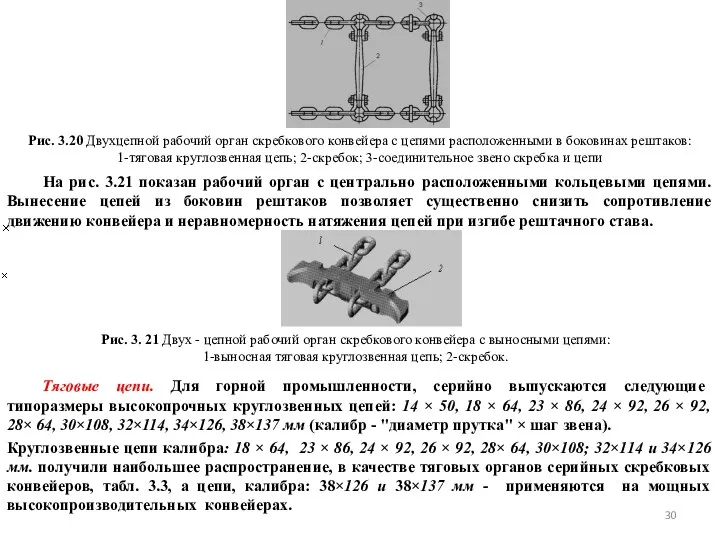 Рис. 3.20 Двухцепной рабочий орган скребкового конвейера с цепями расположенными