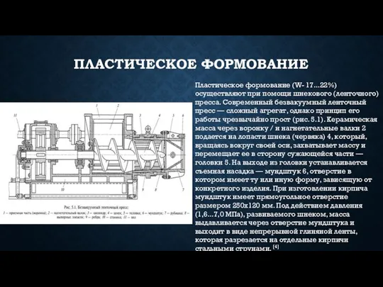 ПЛАСТИЧЕСКОЕ ФОРМОВАНИЕ Пластическое формование (W- 17...22%) осуществляют при помощи шнекового