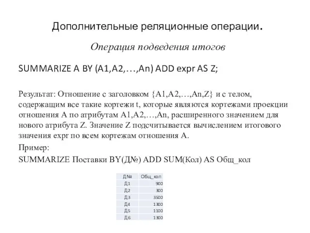 Дополнительные реляционные операции. Операция подведения итогов SUMMARIZE A BY (A1,A2,…,An) ADD expr AS