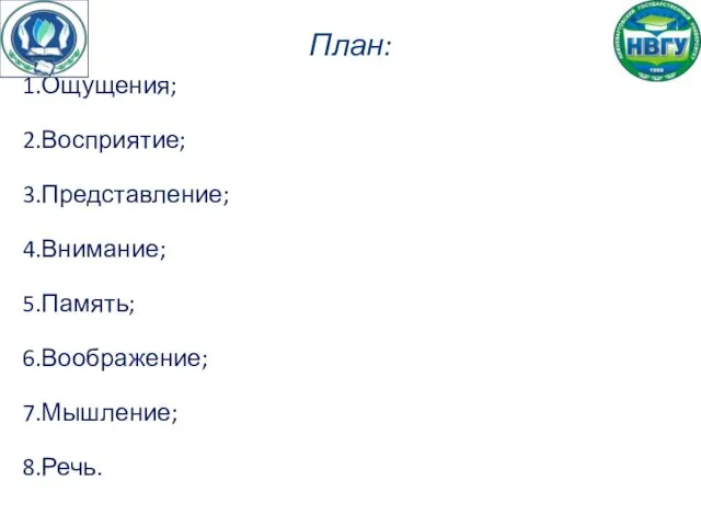 План: Ощущения; Восприятие; Представление; Внимание; Память; Воображение; Мышление; Речь.