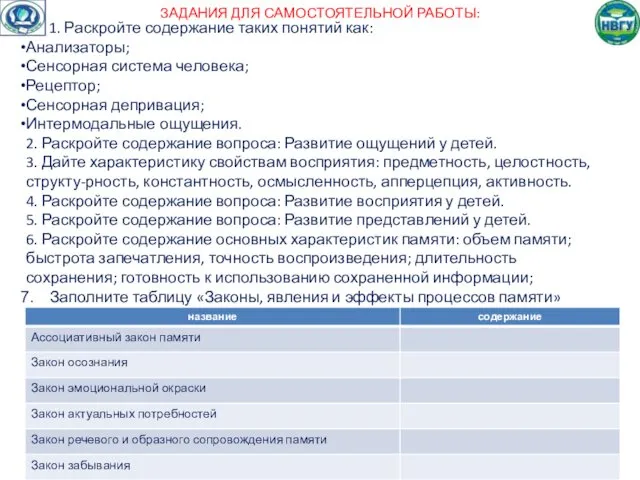 ЗАДАНИЯ ДЛЯ САМОСТОЯТЕЛЬНОЙ РАБОТЫ: 1. Раскройте содержание таких понятий как: