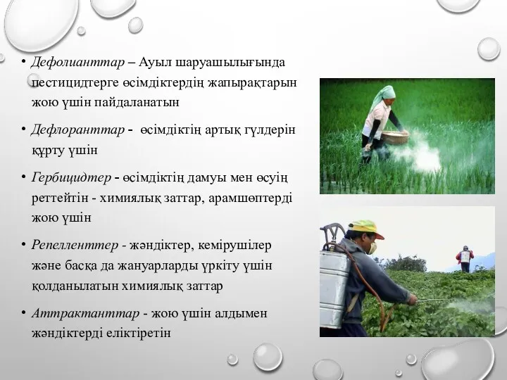 Дефолианттар – Ауыл шаруашылығында пестицидтерге өсімдіктердің жапырақтарын жою үшін пайдаланатын