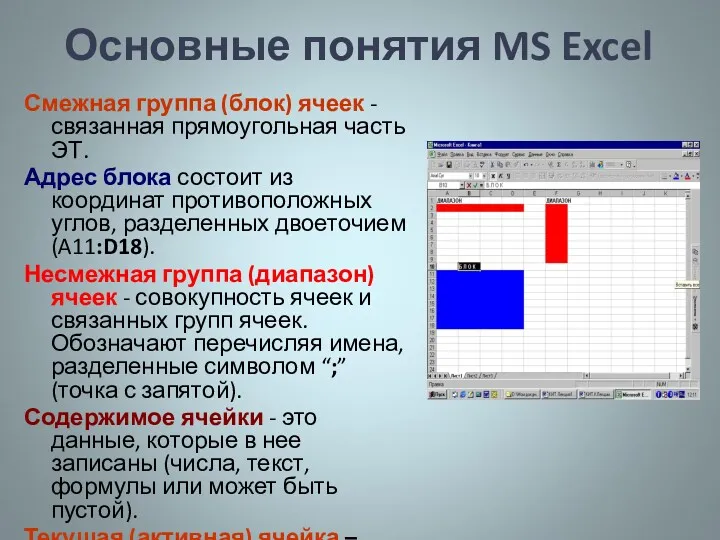 Основные понятия MS Excel Смежная группа (блок) ячеек - связанная