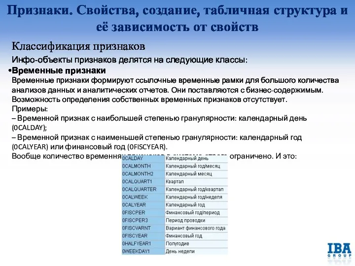 Признаки. Свойства, создание, табличная структура и её зависимость от свойств