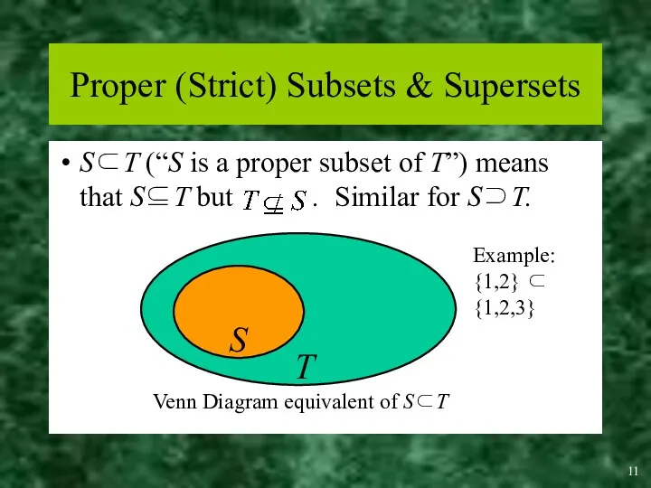 Proper (Strict) Subsets & Supersets S⊂T (“S is a proper