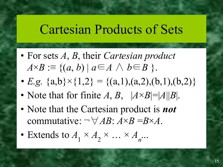 Cartesian Products of Sets For sets A, B, their Cartesian