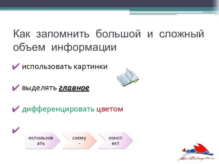 Как запомнить большой и сложный объем информации использовать картинки выделять главное дифференцировать цветом использовать схему- конспект