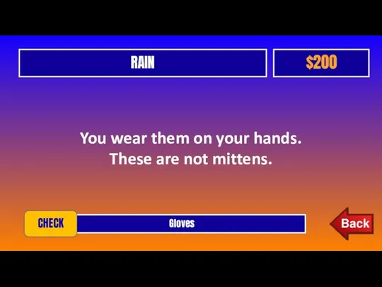 RAIN $200 Gloves CHECK You wear them on your hands. These are not mittens.