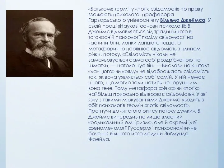 «Батьком» терміну «потік свідомості» по праву вважають психолога, професора Гарвардського