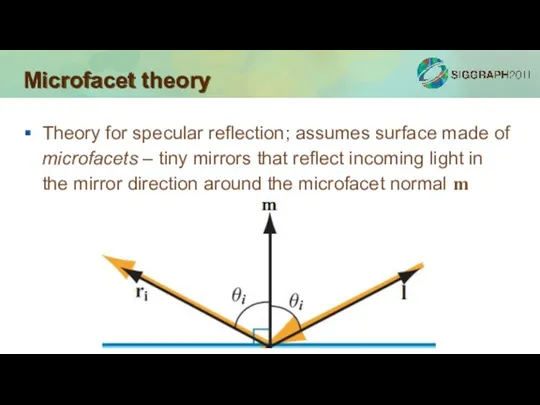 Microfacet theory Theory for specular reflection; assumes surface made of