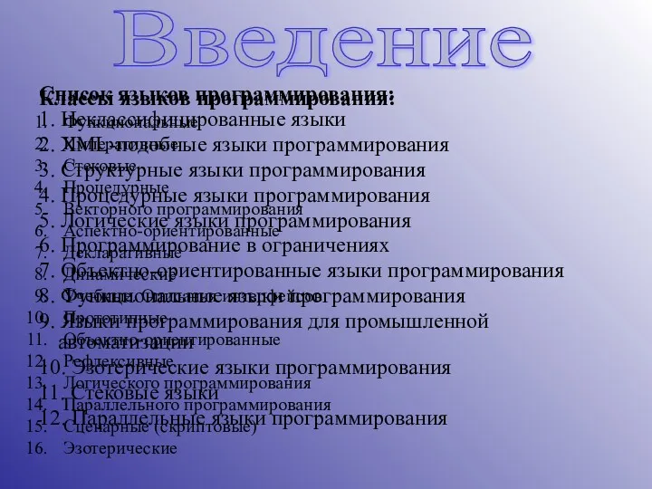 Список языков программирования: 1. Неклассифицированные языки 2. XML-подобные языки программирования