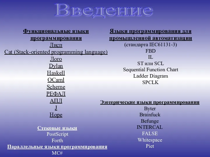 Функциональные языки программирования Лисп Сat (Stack-oriented programming language) Лого Dylan