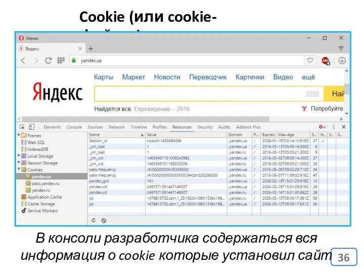 Cookie (или cookie-файлы) В консоли разработчика содержаться вся информация о cookie которые установил сайт