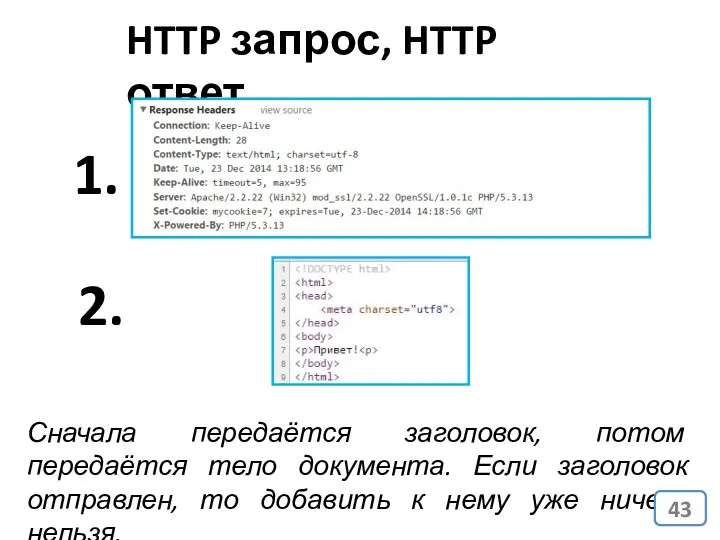 HTTP запрос, HTTP ответ 1. 2. Сначала передаётся заголовок, потом передаётся тело документа.