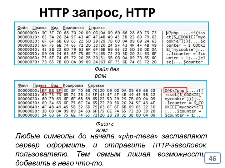 HTTP запрос, HTTP ответ Любые символы до начала «php-тега» заставляют сервер оформить и