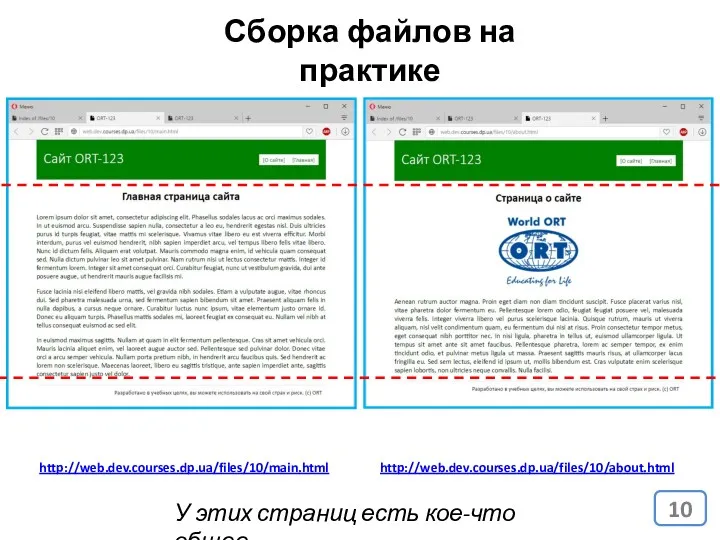 Сборка файлов на практике http://web.dev.courses.dp.ua/files/10/main.html http://web.dev.courses.dp.ua/files/10/about.html У этих страниц есть кое-что общее…