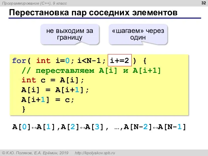 Перестановка пар соседних элементов for( int i=0; i // переставляем A[i] и A[i+1]