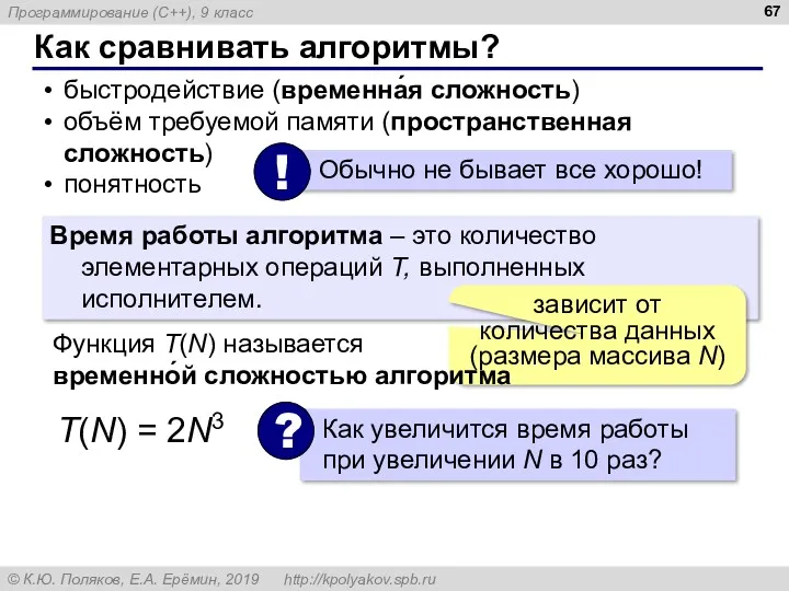 Как сравнивать алгоритмы? быстродействие (временна́я сложность) объём требуемой памяти (пространственная